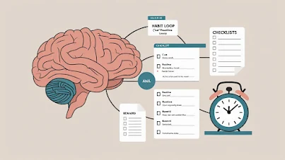Illustration of habit formation with brain, checklist, and clock representing psychology of habits and behaviour change