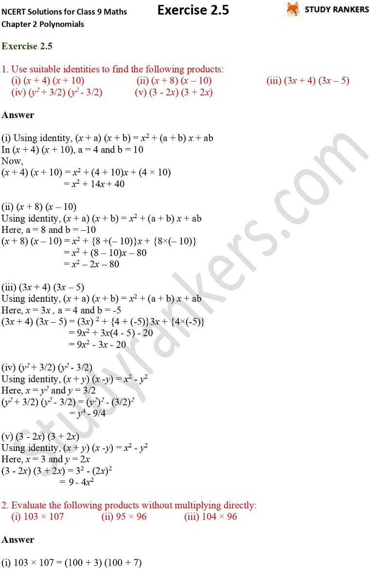 Ncert Solutions For Class 9 Maths Chapter 2 Polynomials Exercise 2 5 Ncert Solutions For Class 9 Maths Chapter 2 Polynomials Exercise 2 5