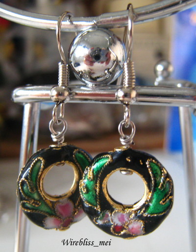 wire wrap earrings with Chinese cloisonne beads