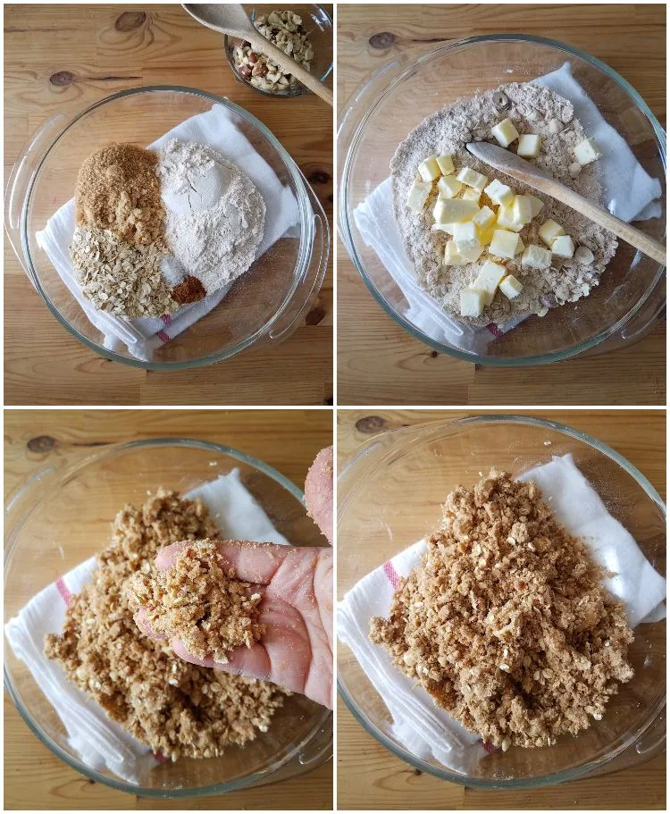 Preparación del crumble con avena, harina y mantequilla