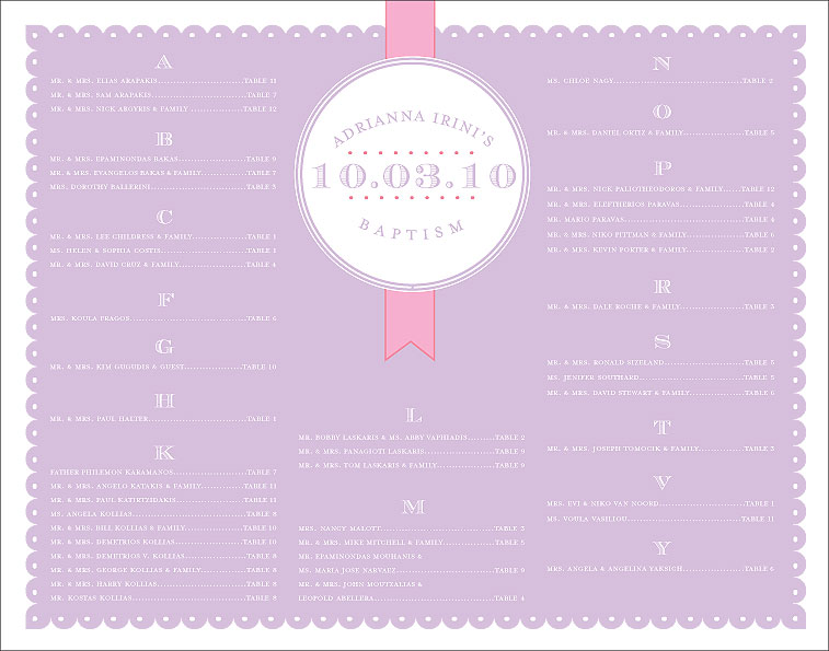 A seating chart for Beth's 101010 wedding
