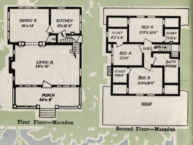 black, white, grey, green drawing showing the floor plan of Aladdin Homes Marsden model 1918 catalog
