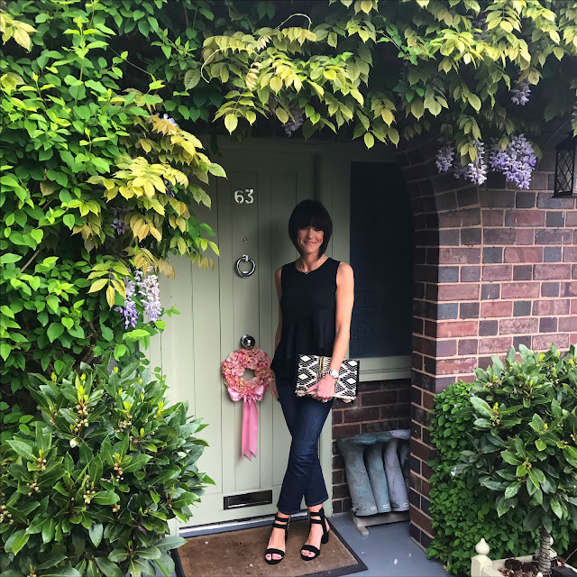 marks and spencer frill asymmetric round neck jumper, j crew billie boot cut cropped jeans, marks and spencer aztec print hand embellished clutch bag, baukjen sol sana porter heel