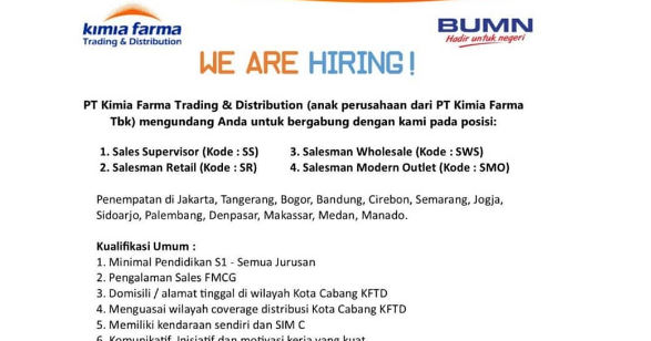 Lowongan Pt Kimia Farma Trading Distribution Minimal Pendidikan S1 Semuar Jurusan Rekrutmen Lowongan Kerja Bulan Mei 2021