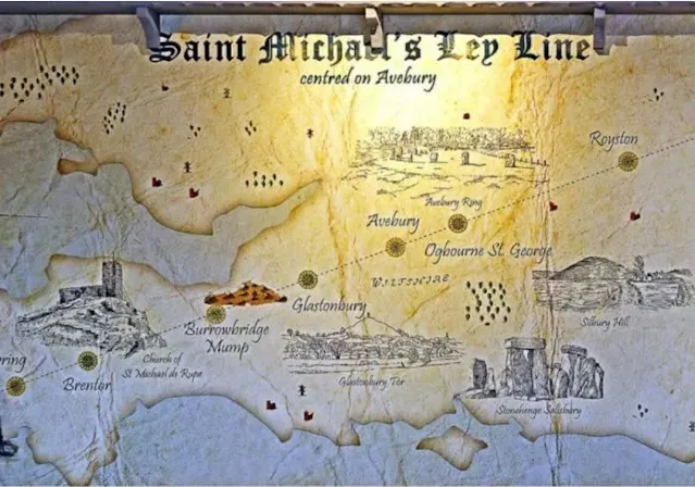 Um mapa que ilustra a Linha de São Miguel, ligando vários locais em homenagem ao Arcanjo Miguel ao longo de 350 milhas, da Cornualha a Norfolk.