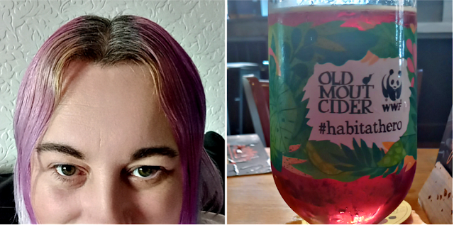 Multi-coloured hair and glass of cider
