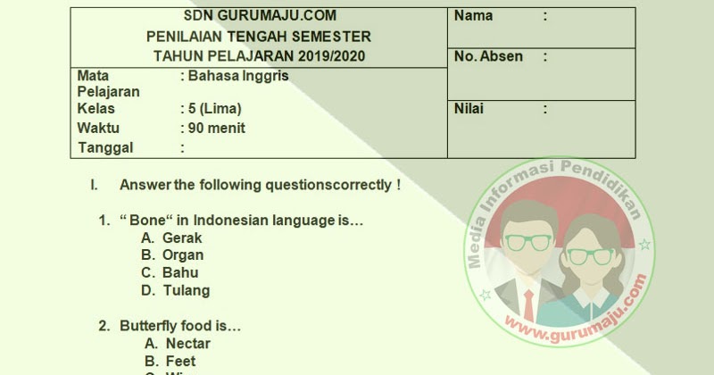 SOAL UTS/ PTS BAHASA INGGRIS KELAS 5 SEMESTER 1 K13 REVISI