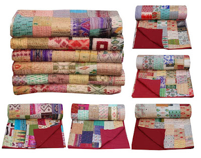Silk Patola Patchwork Kantha Bedspread Silk Kantha Blanket