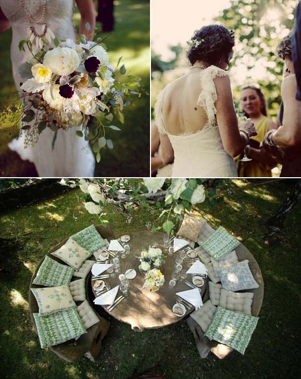 I love love love the bride's bouquet and this bohochic seating