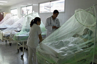 Under mosquito nets, young patients are treated for dengue fever at a hospital in Paraguay. Limiting global warming could avoid millions of new cases each year, research shows. (Credit: Norberto Duarte/AFP/Getty Images) Click to Enlarge.