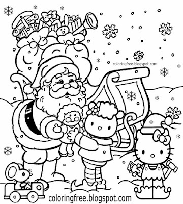 Free drawing activity cute Hello Kitty Christmas printable pretty girls coloring sheets for children