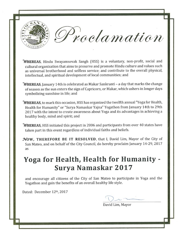 Proclamation by Mayor of City of San Mateo encouraging Yoga for Health