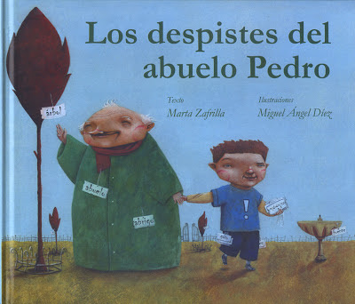 en la imagen aparece la ilustración de un abuelo y un niño cogidos de la mano y en cada imagen una etiqueta con su nombre 