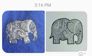 LLR merchandise on the left, suspected original on the right. Image is of an elephant with stylized henna designs inside.