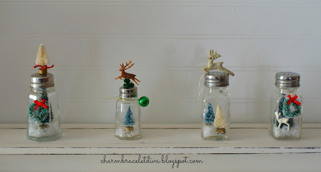 DIY vintage salt and pepper shaker snow globes bottle brush tree reindeer faux snow