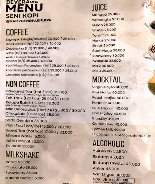 Daftar Menu Minuman di Kampoeng Pasir Balikpapan