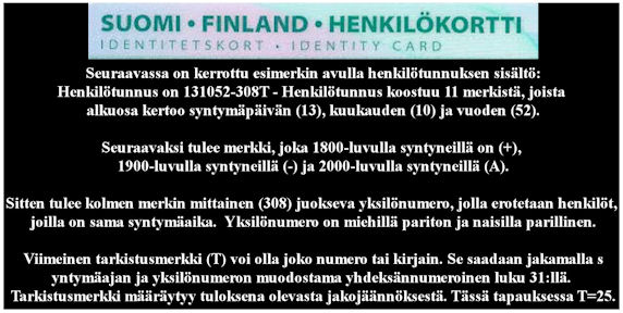 malaisen henkilökortin yläreuna, jonka alla tunnistautumisen varmistavan, 11 osasta koostuvan, henkilötunnuksen sisältämät tiedot.