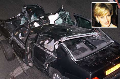 the crumpled wreck of the Mercedez-Benz in which Princess Diana died