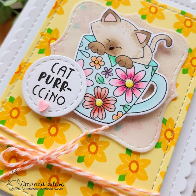 Cat Purr-ccino Card by Amanda Wilcox | Newton's Mug Stamp Set, Floral Roundabout Stamp Set, Frames & Flags Die Set and Frames Squared Die Set by Newton's Nook Designs #newtonsnook #handmade