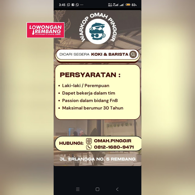 2 Lowongan Kerja Pegawai Koki dan Barista Warkop Omah Pinggir Rembang Tanpa Syarat Ijazah