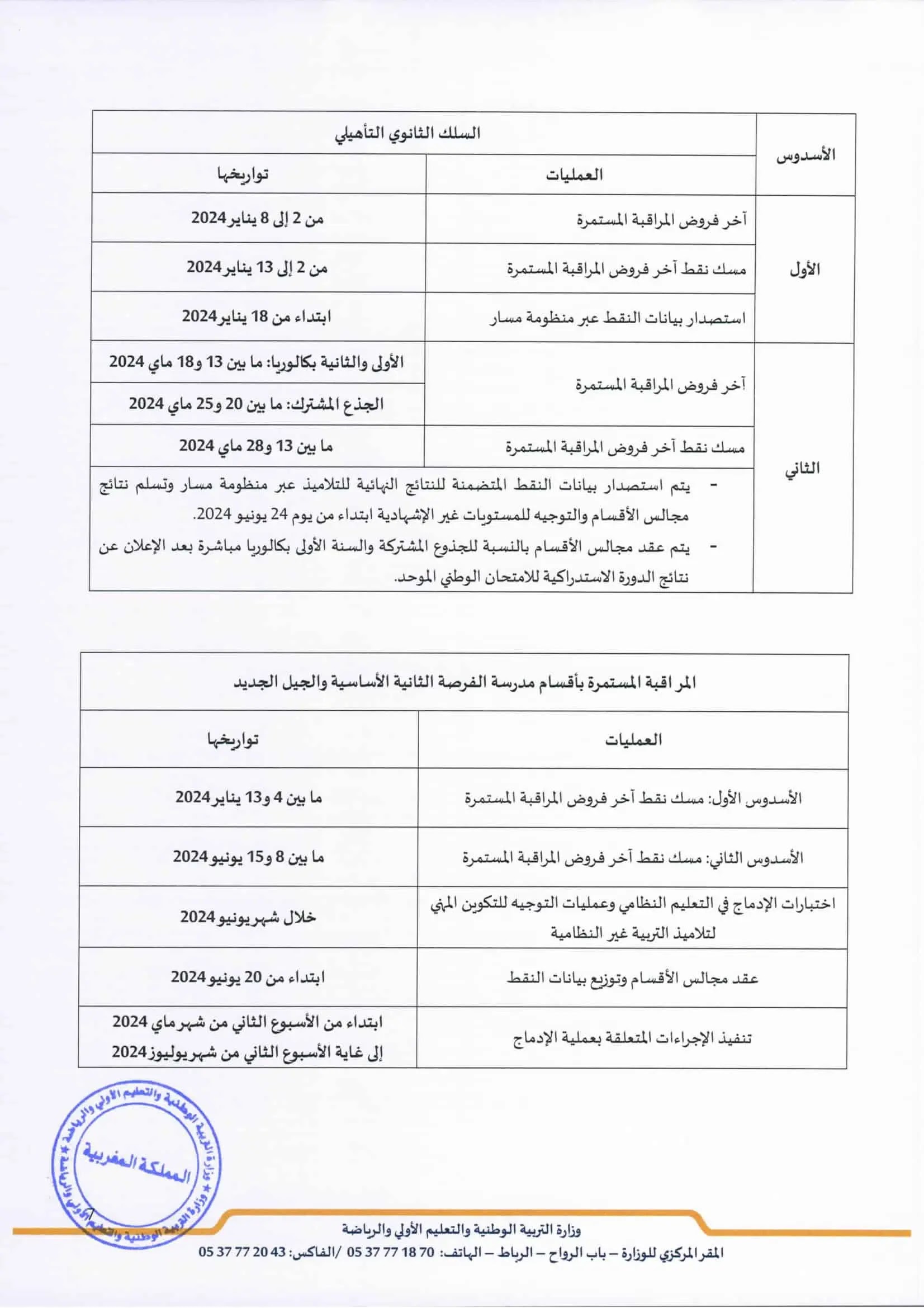 تواريخ إجراء المراقبة المستمرة والامتحانات الموحدة 2024/2023