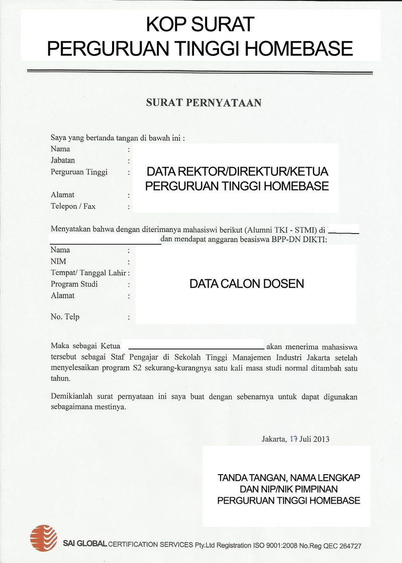 Contoh Surat Pernyataan Kesanggupan Studi S2