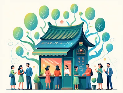 고객과의 지속적인 소통을 통해 성장하고 진화하는 작은 가게의 브랜드 스토리를 나타낸 그림.