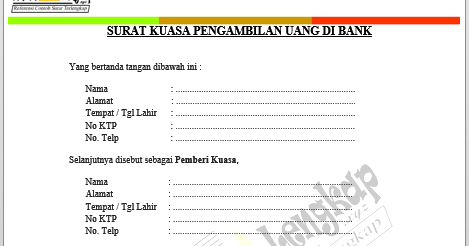 Recomended ↔ Contoh Surat Kuasa Pengambilan Uang di Bank doc