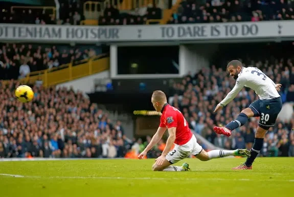 Tottenham player Sandro shoots to score his side's second goal against Manchester United