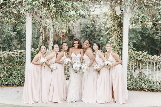 bride with bridemaids in blush pink dresses