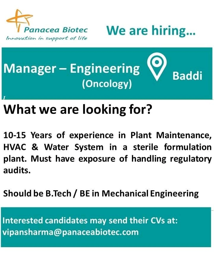 Job Availables,Panacea Biotec job Vacancy for Manager - Engineering (Oncology)