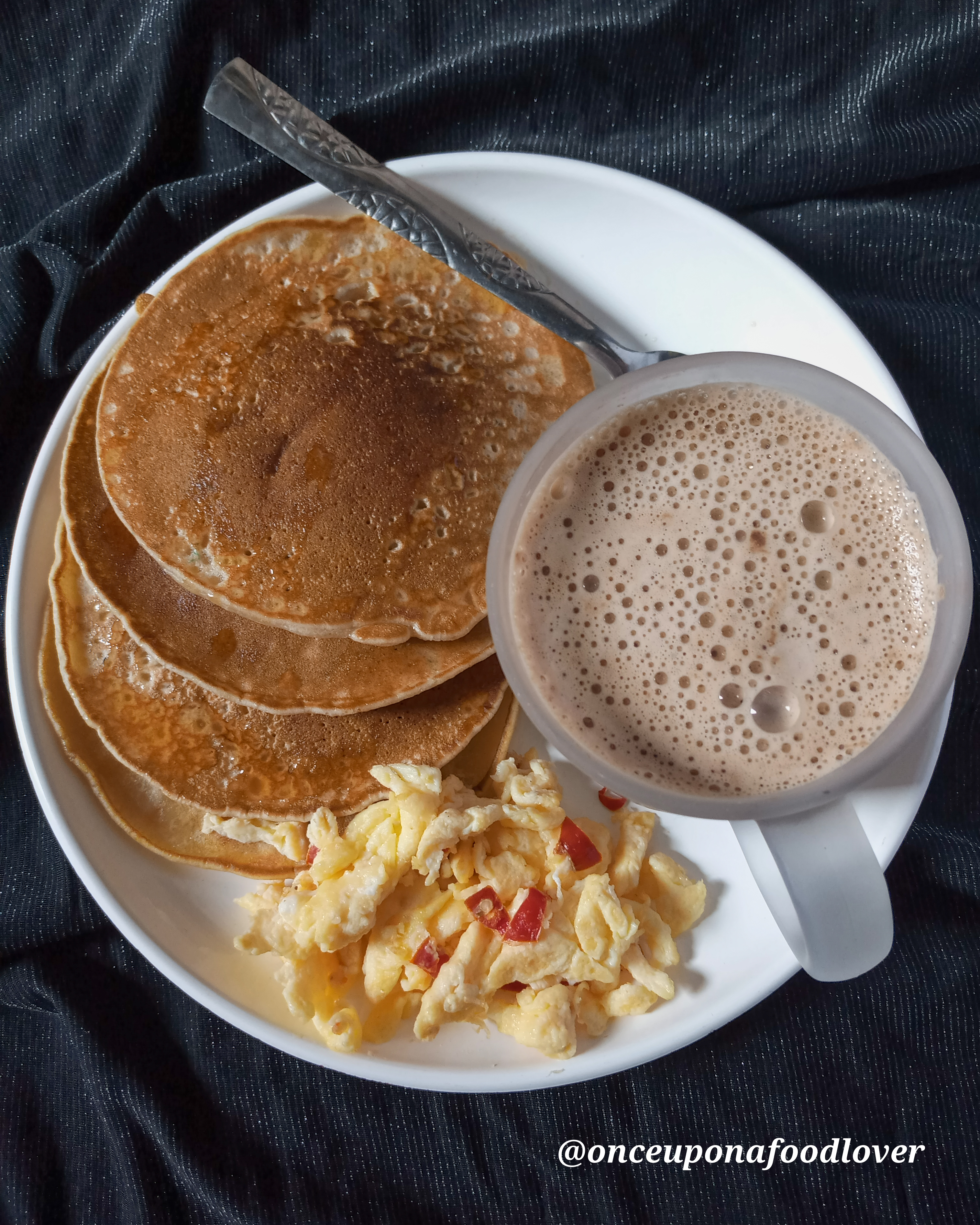 Pancakes, Scrambled Eggs and Chocolate Drink