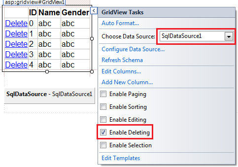 asp.net gridview enable delete