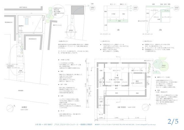 旗竿地に建つ光と風に包まれるライブラリーのある住まい　配置と1階平面計画