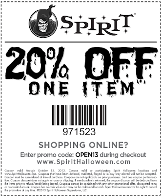 Use the code "OPEN13" to receive a discount of 20% at Spirit Halloween. Hurry up because this coupon is only valid until October 13.