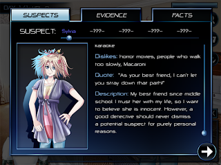 AXIOM.01 gameplay screenshot - Clues Suspects screen