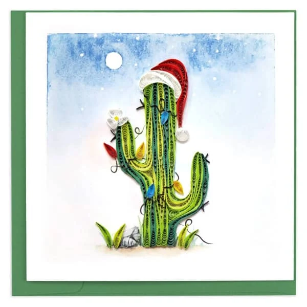 quilled cactus decorated with Christmas lights and Santa hat on square card with envelope