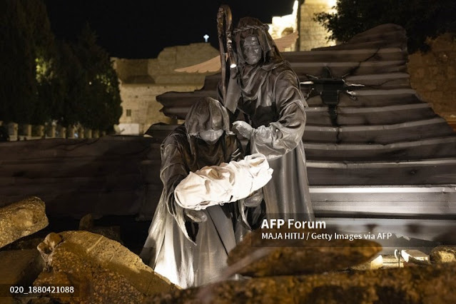 The Holy Family, Gaza edition by Tariq Salsa at Manger Square in Bethlehem "AFP"