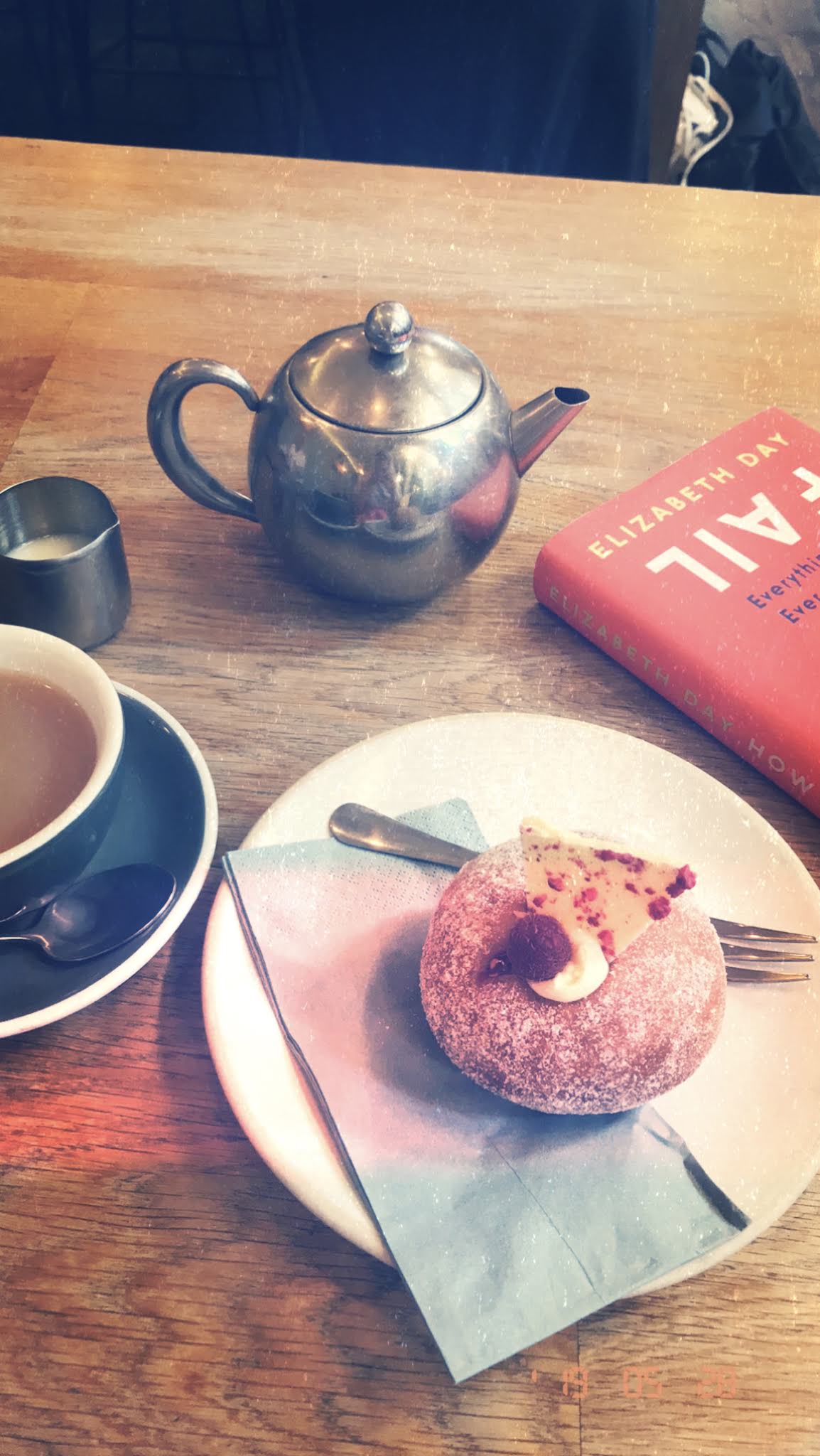 Flaylay image - Tea, Raspberry Sourdough Donut, Book How to Fail - Pinkmans Bakery Bristol