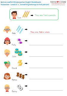 MamaLovePrint . Grade 1 English Worksheets . Basic Grammar (Possessive : 's something belongs to that person , Possession) PDF Free Download