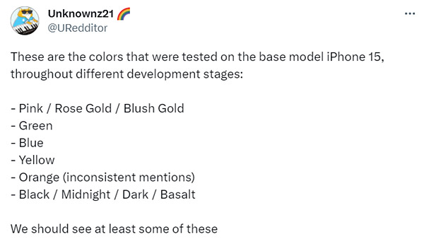 iPhone 15/15 Plus 可能有粉、橙、綠等新顏色