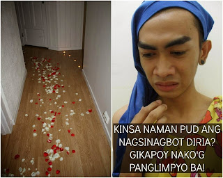 Innocent maid's reaction during Valentine's day. Maid thought that somebody's littering on the floor with rose petals during valentine's day or during anniversary surprise funny bisaya meme by megan romero besh