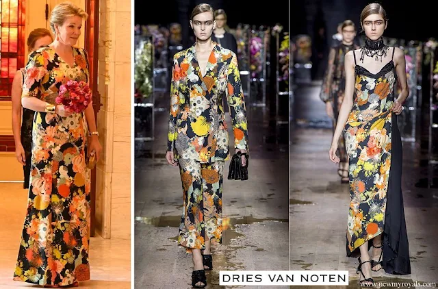 Queen Mathilde wore a floral print maxi dress by Dries Van Noten Spring Summer 2017 Collection