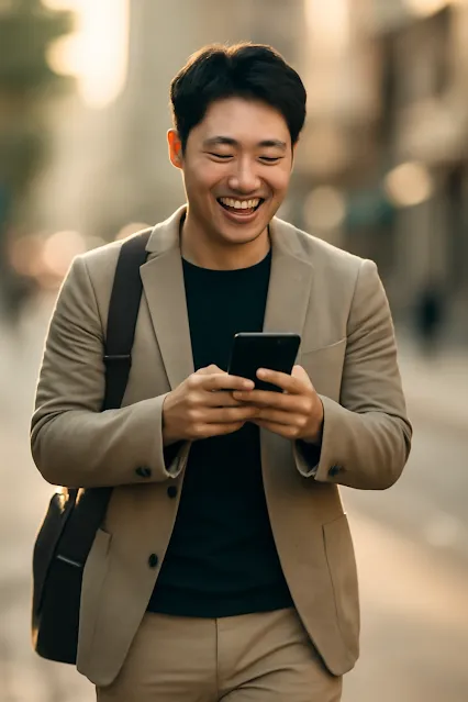 젊은 남성이 길거리를 걸으면서 핸드폰으로 소비쿠폰을 신청하는 모습