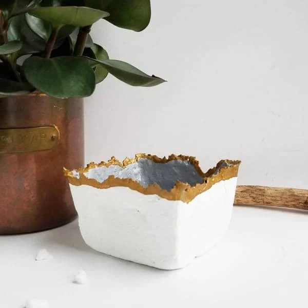 paper pulp square white, silver, and gold trinket dish
