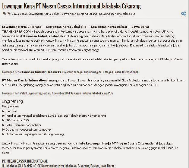 Lowongan Kerja PT Megan Cassia International Jababeka 