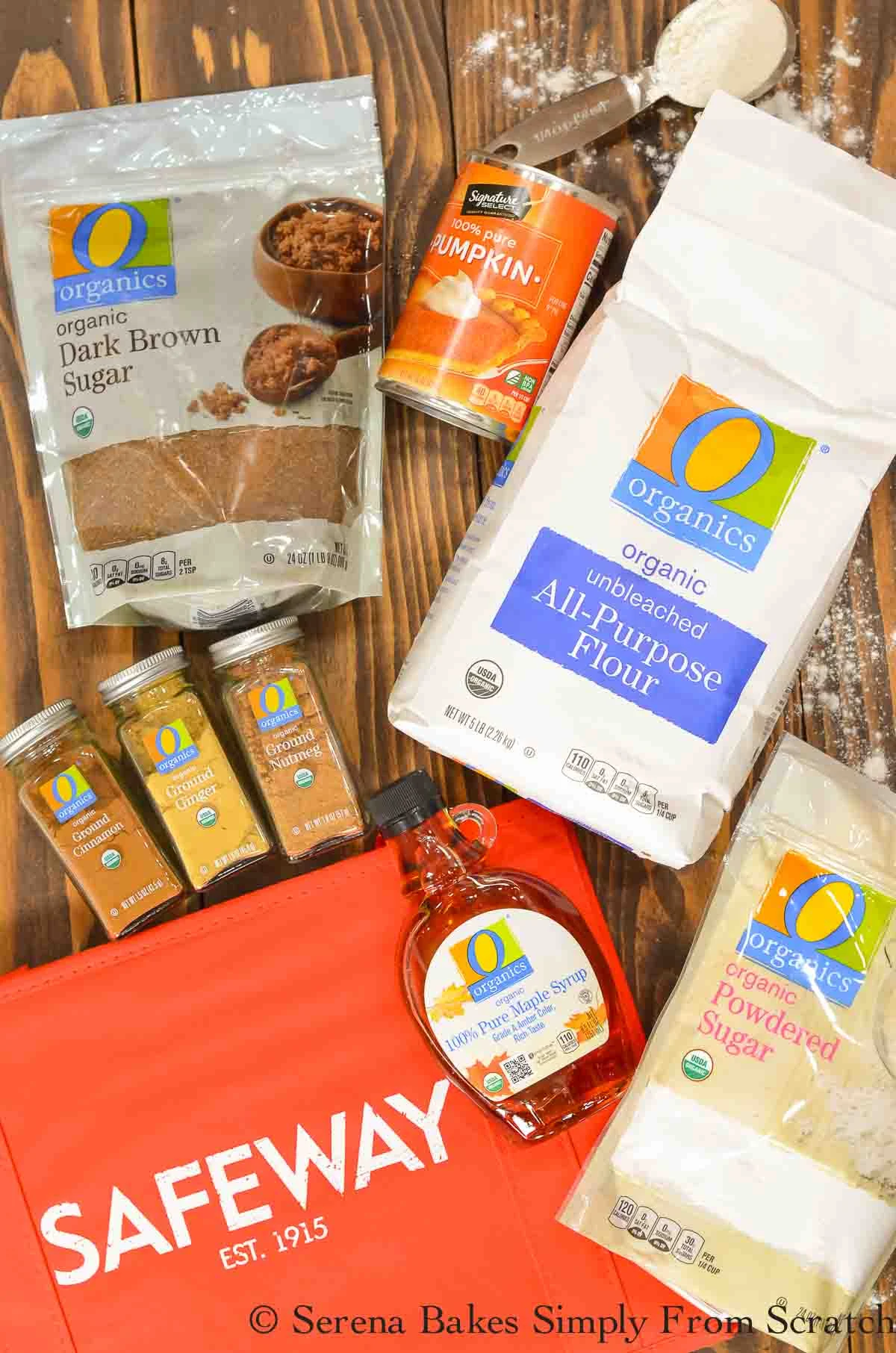 A red Safeway Bag and O Organic Products on a wooden board,