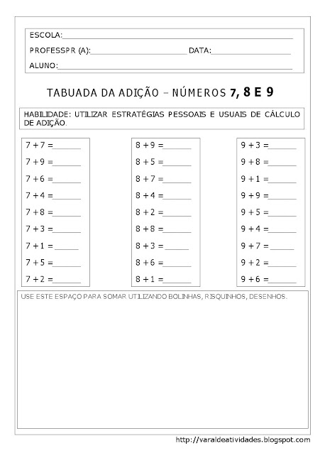 realizar cálculo mental de adição da tabuada do 7, 8, 9,