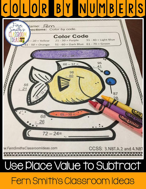 Teaching How to Use Place Value to Subtract Including Lesson Plans, Centers, Task Cards, Color By Numbers & More Resources. #FernSmithsClassroomIdeas