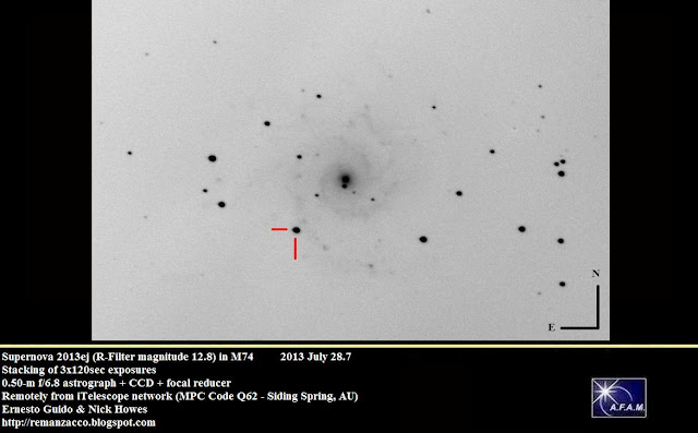 Siêu tân tinh 2013ej được chụp hình vào ngày 29/7 vừa qua bởi Đài quan sát Siding Spring thuộc Mạng lưới iTelescope. Credit: Ernesto Guido and Nick Howes/Remanzacco Observatory.